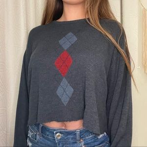 VINTAGE ARGYLE KNIT CROP RAW HEM SWEATER